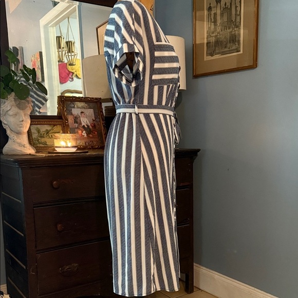 Monteau Navy Blue and White Striped Belted Button Up Dress - Picture 5 of 9